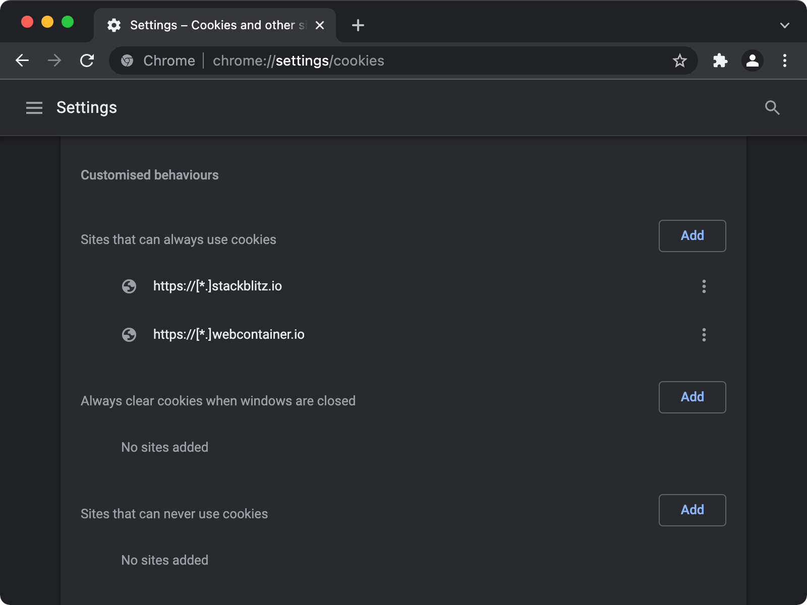 Chrome cookie settings with exceptions for stackblitz.io and local.webcontainer.io domains.